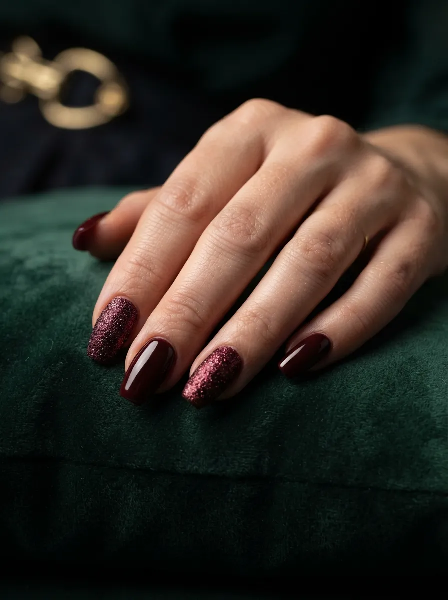 Maroon Glitter Nails