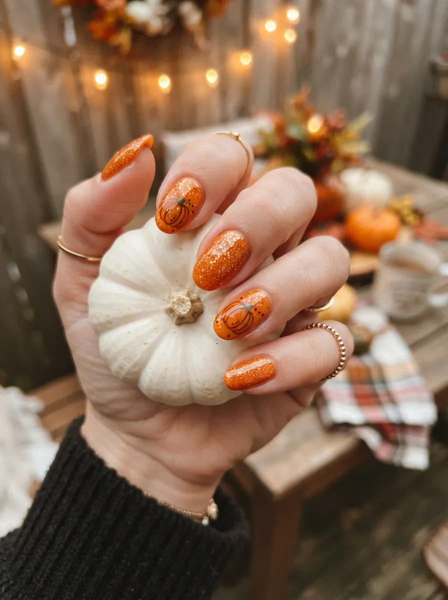 Pumpkin Glitter Nails